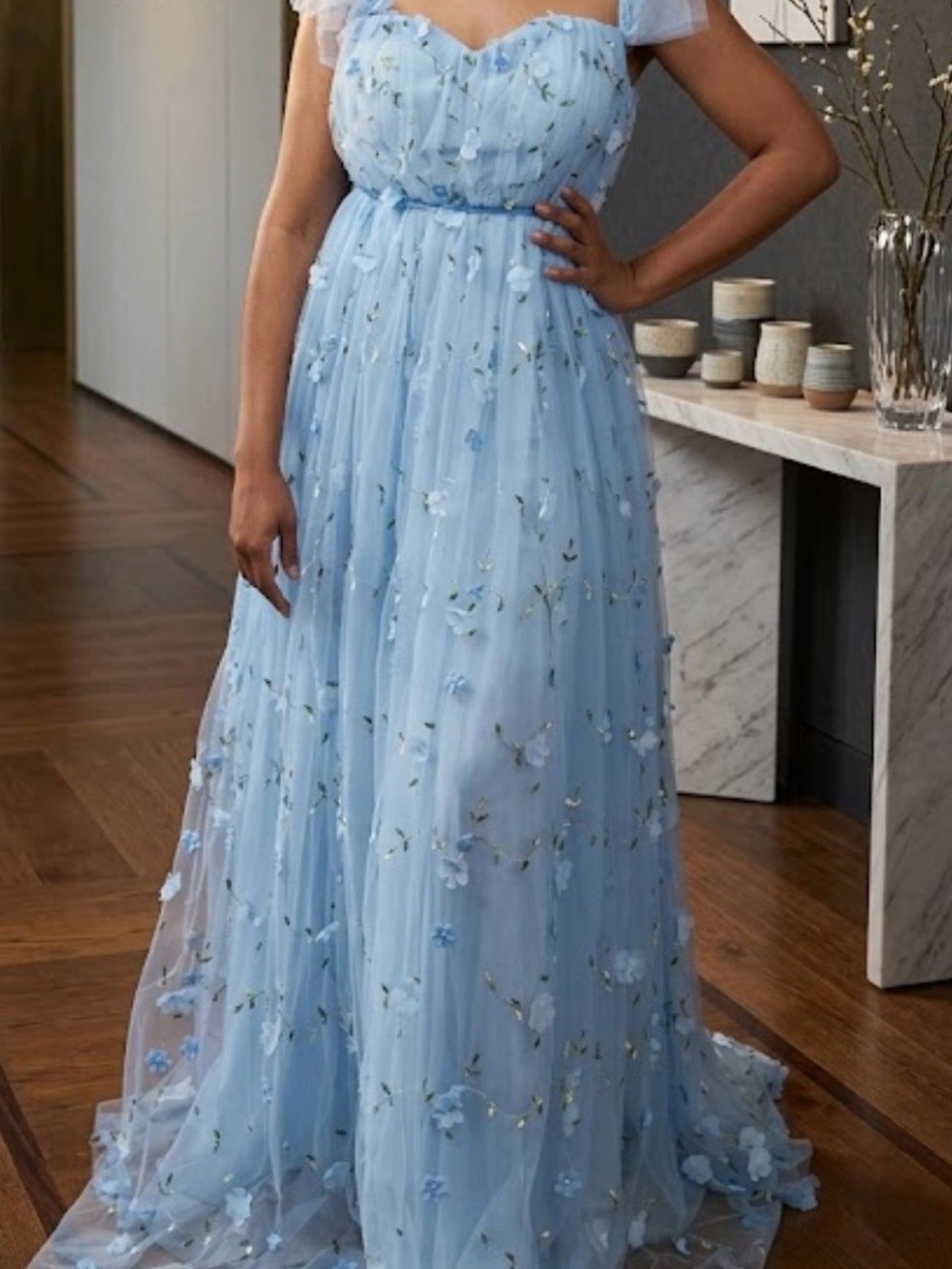 Sky Blue Floral Appliqué Maxi Dress with Sweetheart Neckline